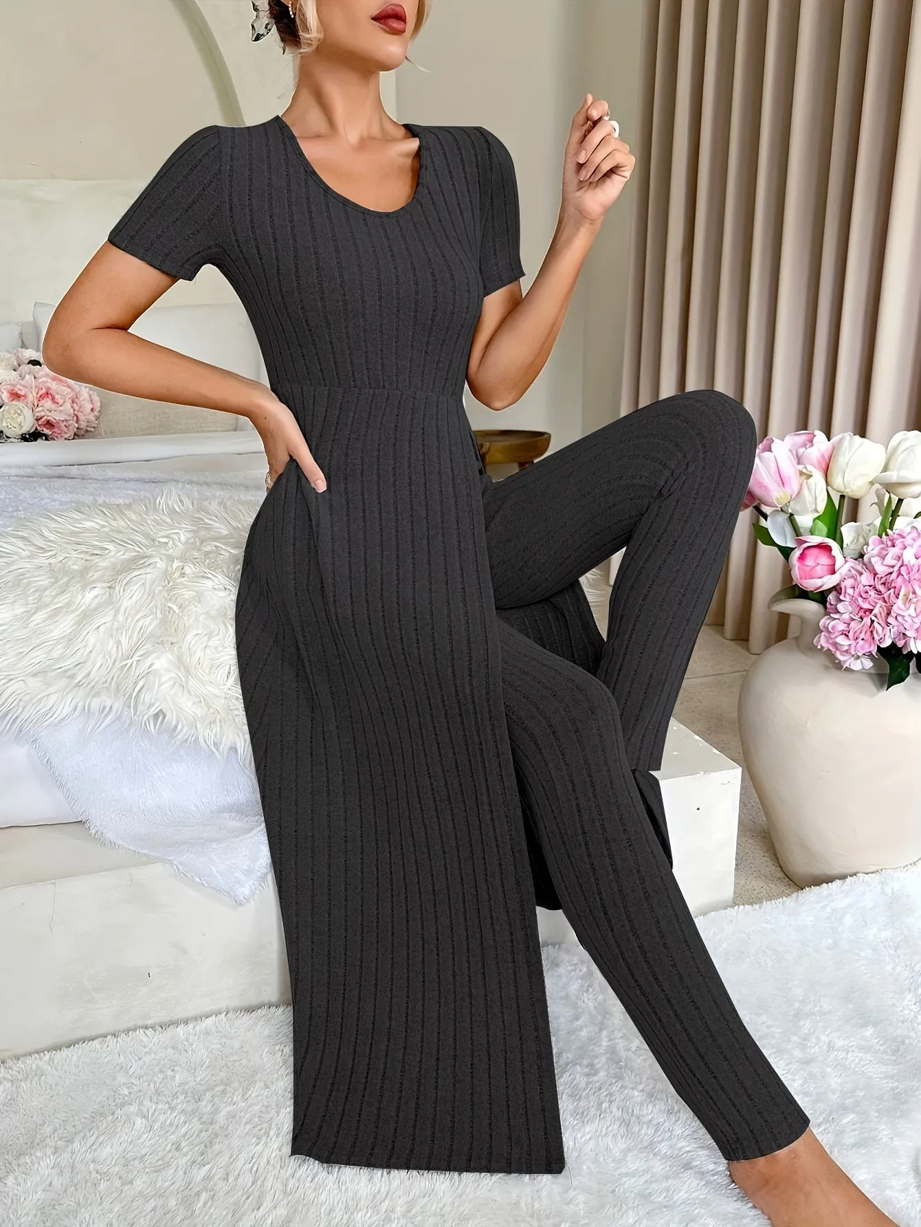 Casual Solid Two-piece Set, Split Crew Neck Maxi Length Top & Skinny Leggings Outfits, Women's Clothing