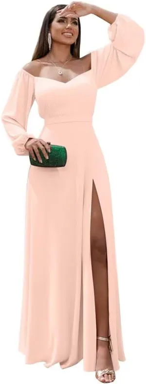 Changuan Long Sleeve Chiffon Bridesmaid Dresses for Women Long Off Shoulder Formal Dress Evening Party Gowns with Slit 2024