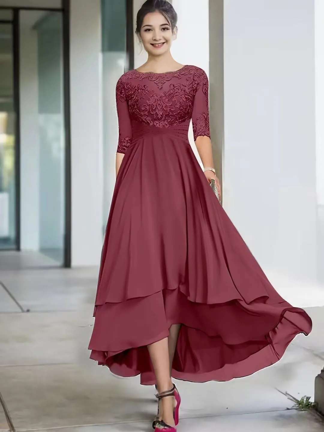 Chiffon Mother of The Bride Dress for Wedding Tea Length Formal Evening Gown 1/2 Sleeves Wedding Guest Dress