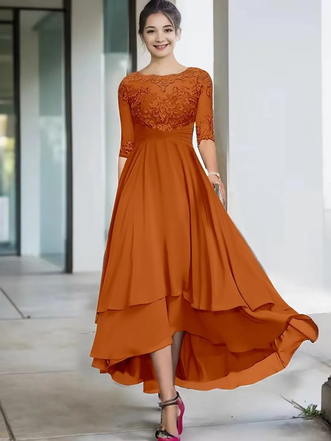 Chiffon Mother of The Bride Dress for Wedding Tea Length Formal Evening Gown 1/2 Sleeves Wedding Guest Dress