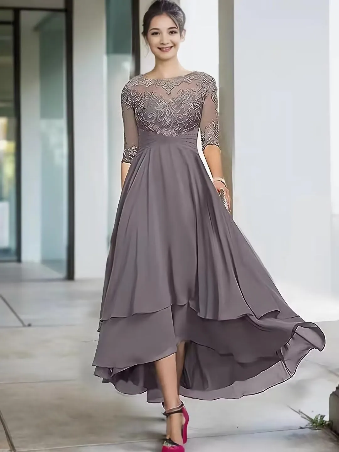 Chiffon Mother of The Bride Dress for Wedding Tea Length Formal Evening Gown 1/2 Sleeves Wedding Guest Dress