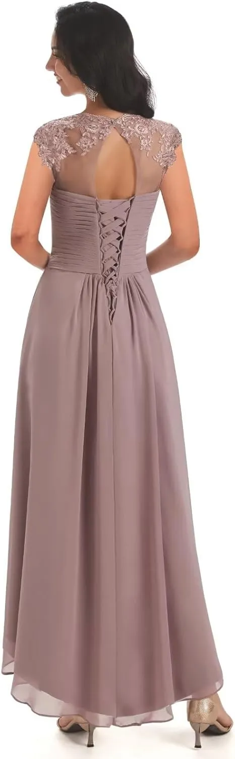 Chiffon Tea Length Mother of The Bride Dresses for Wedding Lace Appliques Formal Evening Gowns with Sleeves