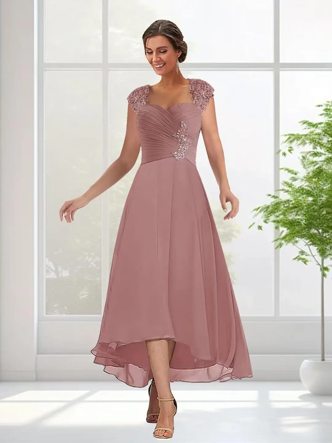 Chiffon Tea Length Mother of The Bride Dresses for Wedding Lace Appliques Formal Evening Gowns with Sleeves