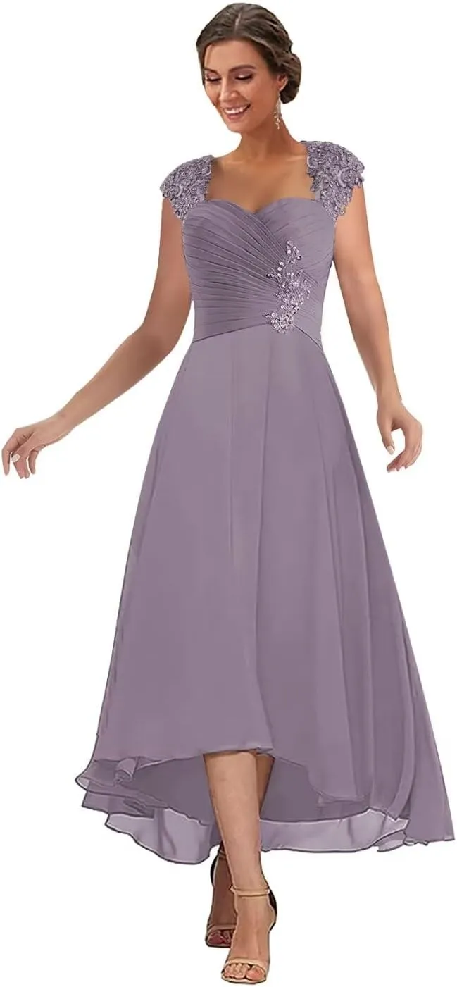 Chiffon Tea Length Mother of The Bride Dresses for Wedding Lace Appliques Formal Evening Gowns with Sleeves