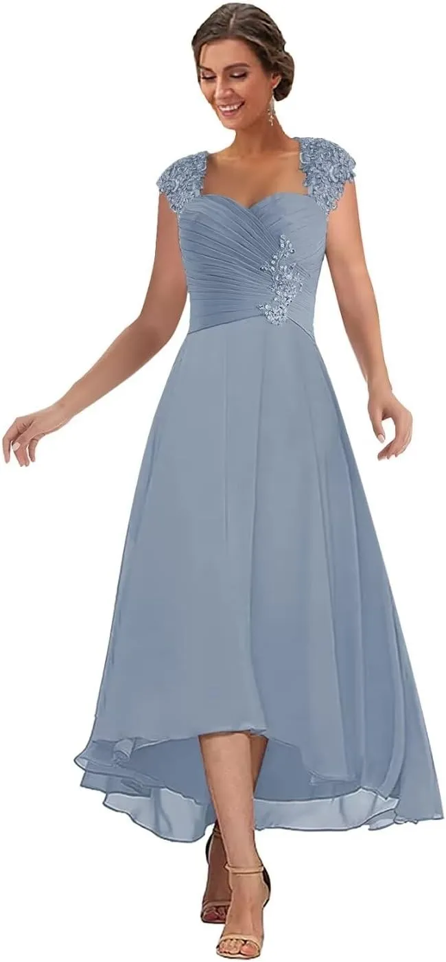 Chiffon Tea Length Mother of The Bride Dresses for Wedding Lace Appliques Formal Evening Gowns with Sleeves