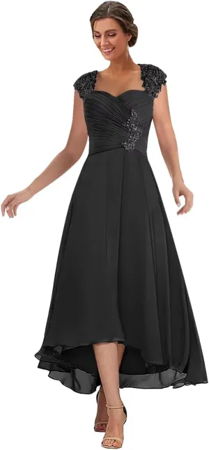 Chiffon Tea Length Mother of The Bride Dresses for Wedding Lace Appliques Formal Evening Gowns with Sleeves