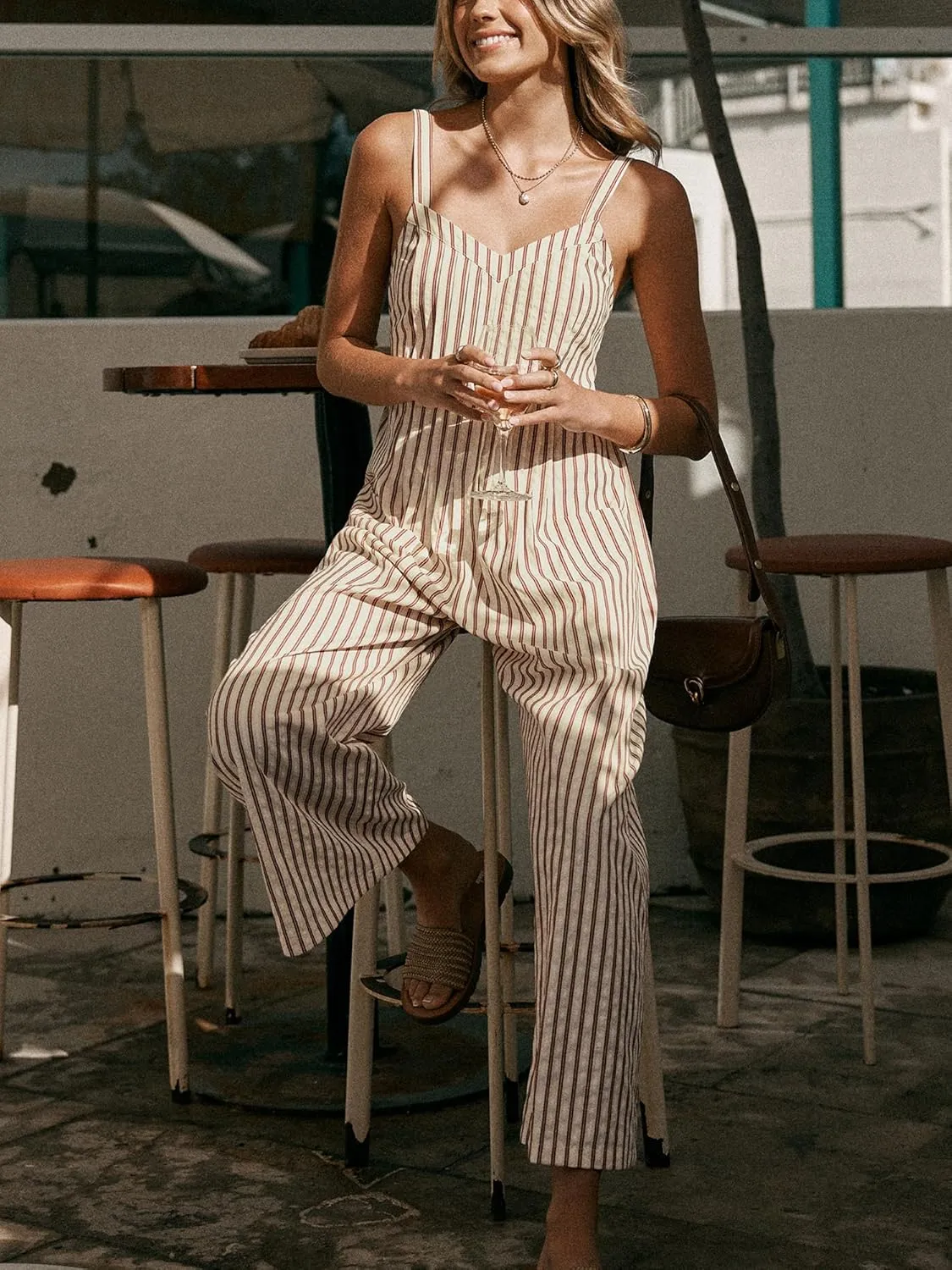 CUPSHE Maxi Jumpsuit for Women Striped Sleeveless Smocked Cutout Back Wide Leg Summer Casual Overall Romper