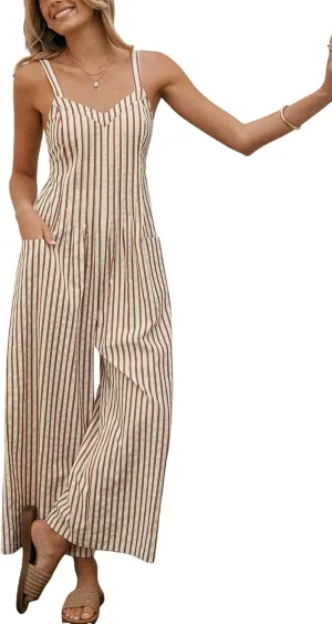 CUPSHE Maxi Jumpsuit for Women Striped Sleeveless Smocked Cutout Back Wide Leg Summer Casual Overall Romper