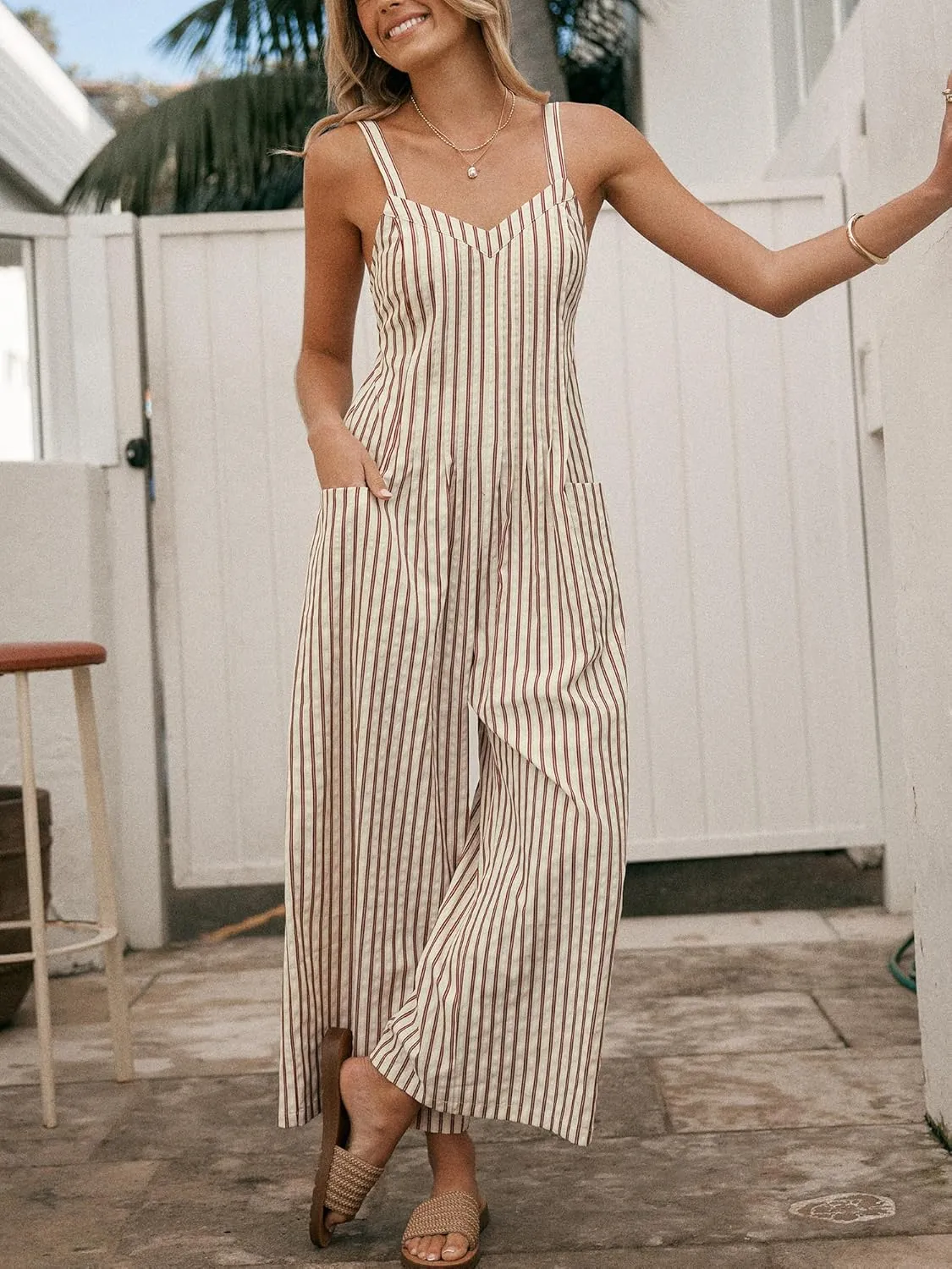 CUPSHE Maxi Jumpsuit for Women Striped Sleeveless Smocked Cutout Back Wide Leg Summer Casual Overall Romper