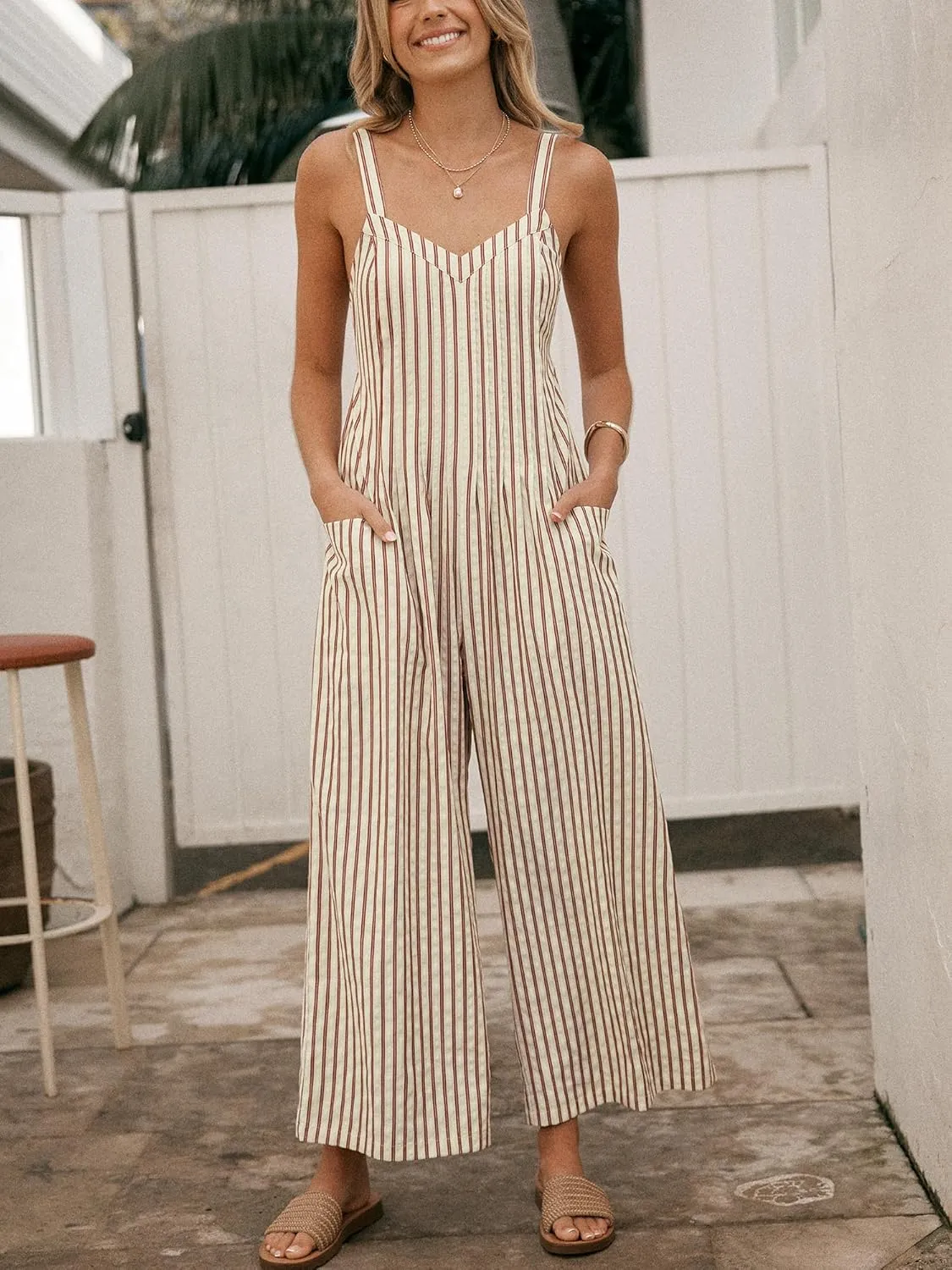 CUPSHE Maxi Jumpsuit for Women Striped Sleeveless Smocked Cutout Back Wide Leg Summer Casual Overall Romper