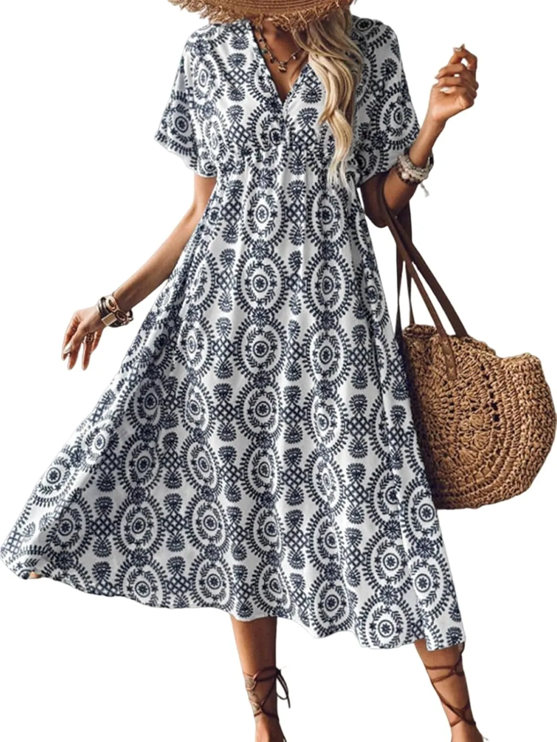 CUPSHE Women Boho Ruffle Midi Summer Dress Paisley V Neck Short Sleeve Elastic High Waist Casual Sundress Spring Beach Dresses, Black S