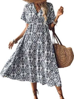 CUPSHE Women Boho Ruffle Midi Summer Dress Paisley V Neck Short Sleeve Elastic High Waist Casual Sundress Spring Beach Dresses, Black S