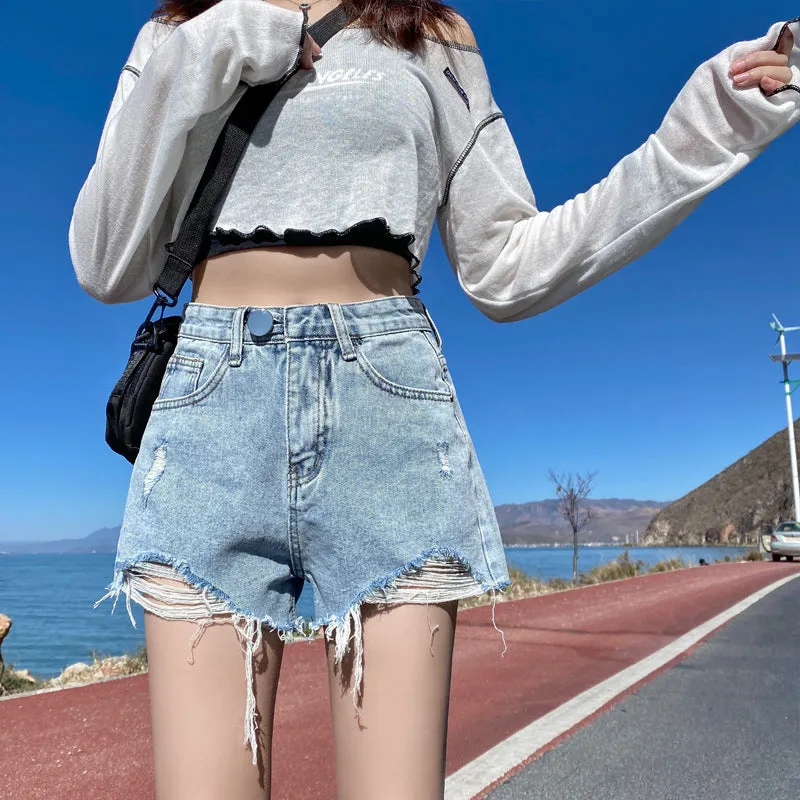 Denim shorts female summer  version of the high waist slimming high loose hole wool wrapping pants tide