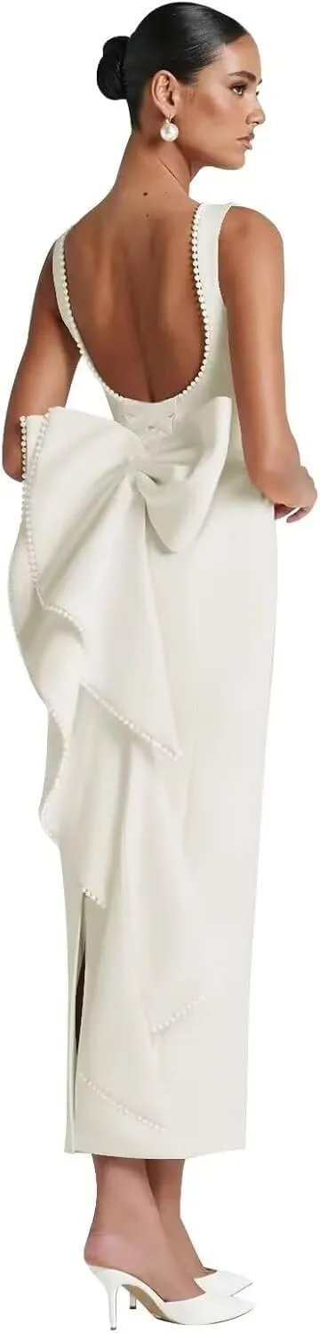 Dessiny Pearl Satin Cocktail Dress with Bow Back Bodycon 2025 Midi Formal Party Gowns for Women DE454
