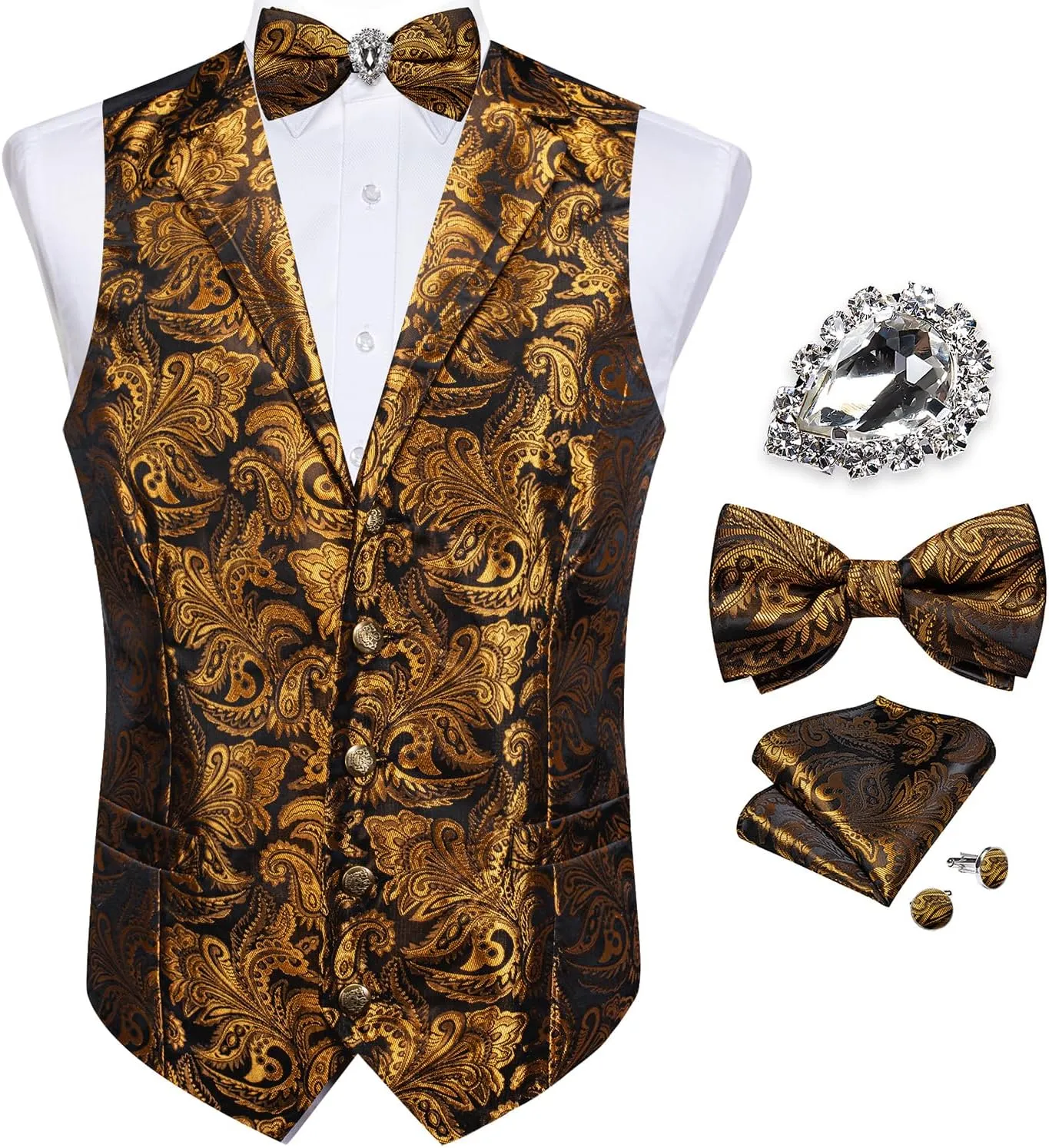 DiBanGu Men's Vest with Bow Tie with Tie Ring 5PCS Suit Vest and Bow Tie Handkerchief Cufflinks Set Formal