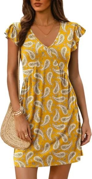 Dokotoo Women's Summer Dresses 2025 Boho Floral Beach Casual Deep V Neck Sundress Ruffle Sleeve Flowy Mini Dress