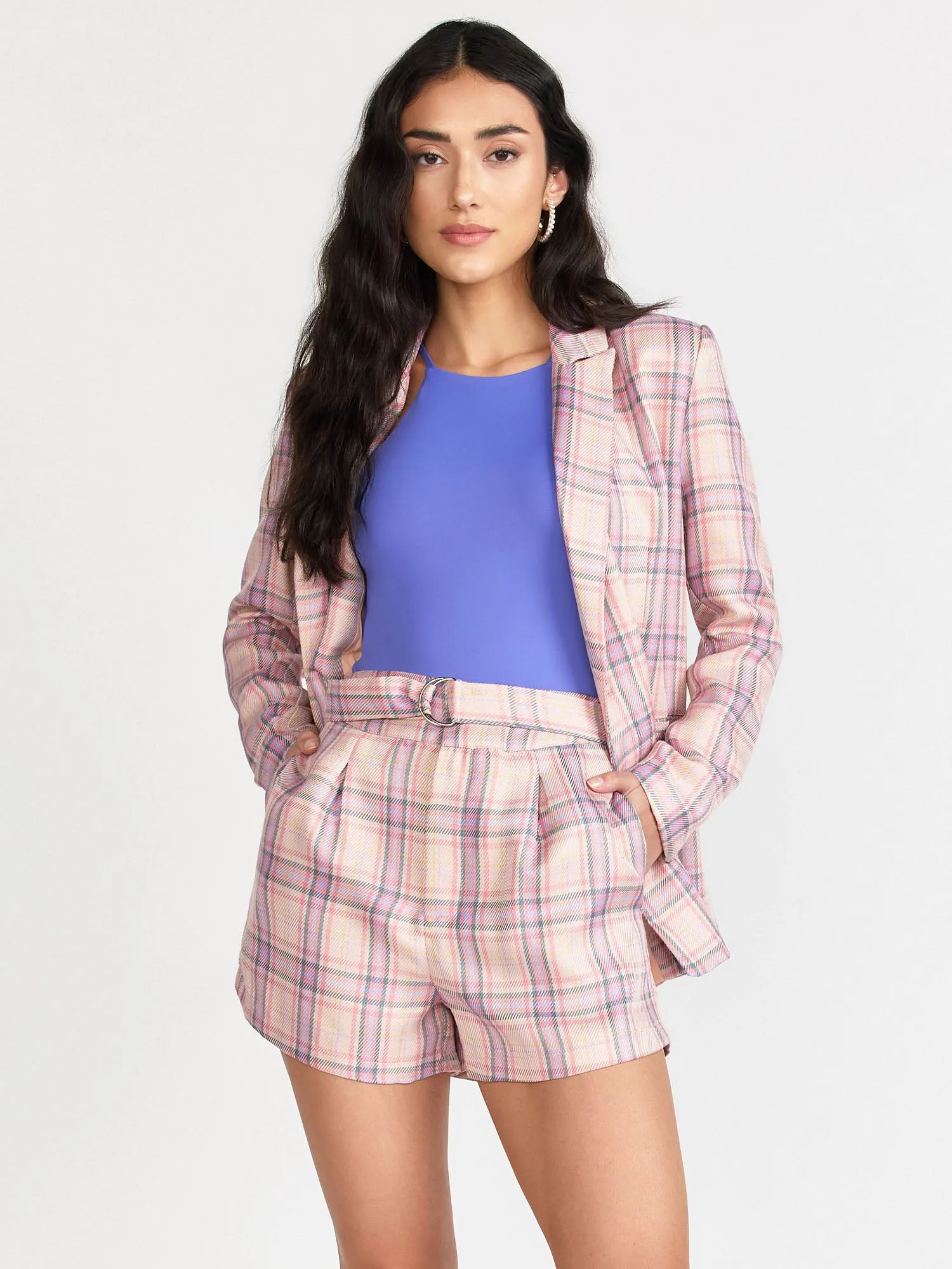 Double-Breasted Pastel Plaid Blazer - Fanco
