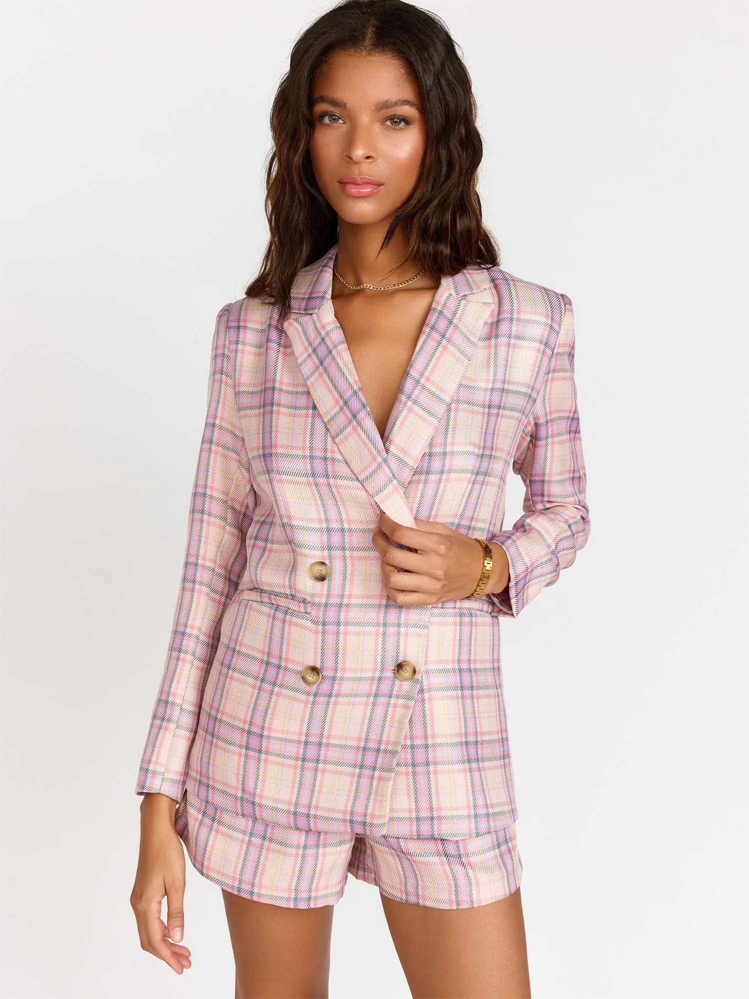 Double-Breasted Pastel Plaid Blazer - Fanco