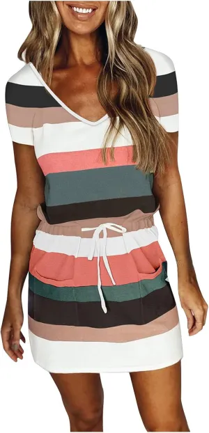 Dresses for Women 2023, Trendy Striped Beach Cover Up Boho Mini Dress Summer Casual Tunic Dress with Pockets