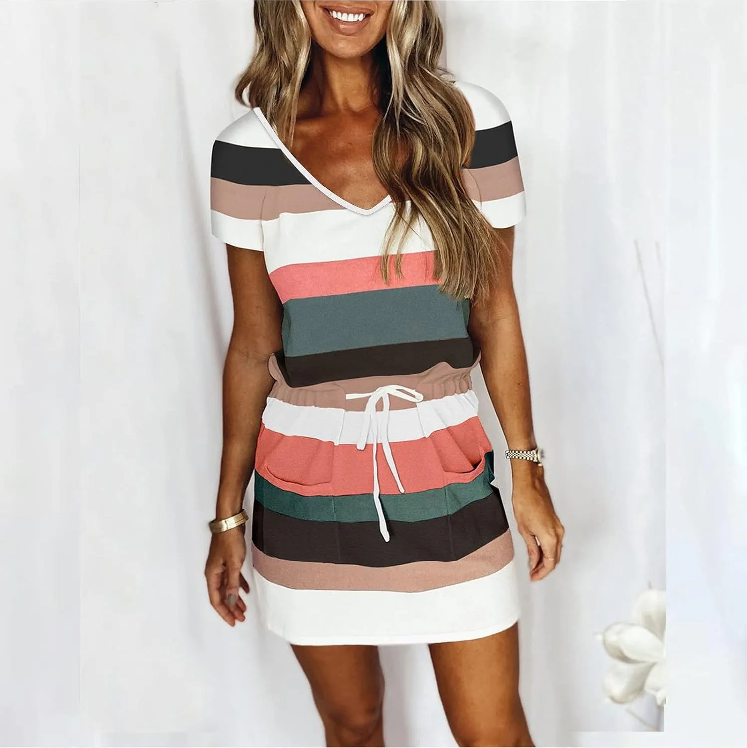 Dresses for Women 2023, Trendy Striped Beach Cover Up Boho Mini Dress Summer Casual Tunic Dress with Pockets