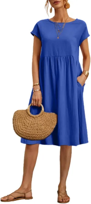Dresses for Women Casual Cap Sleeve Boat Neck Tshirt Dress Midi Dress with Pockets Hawaiian Dresses for Women