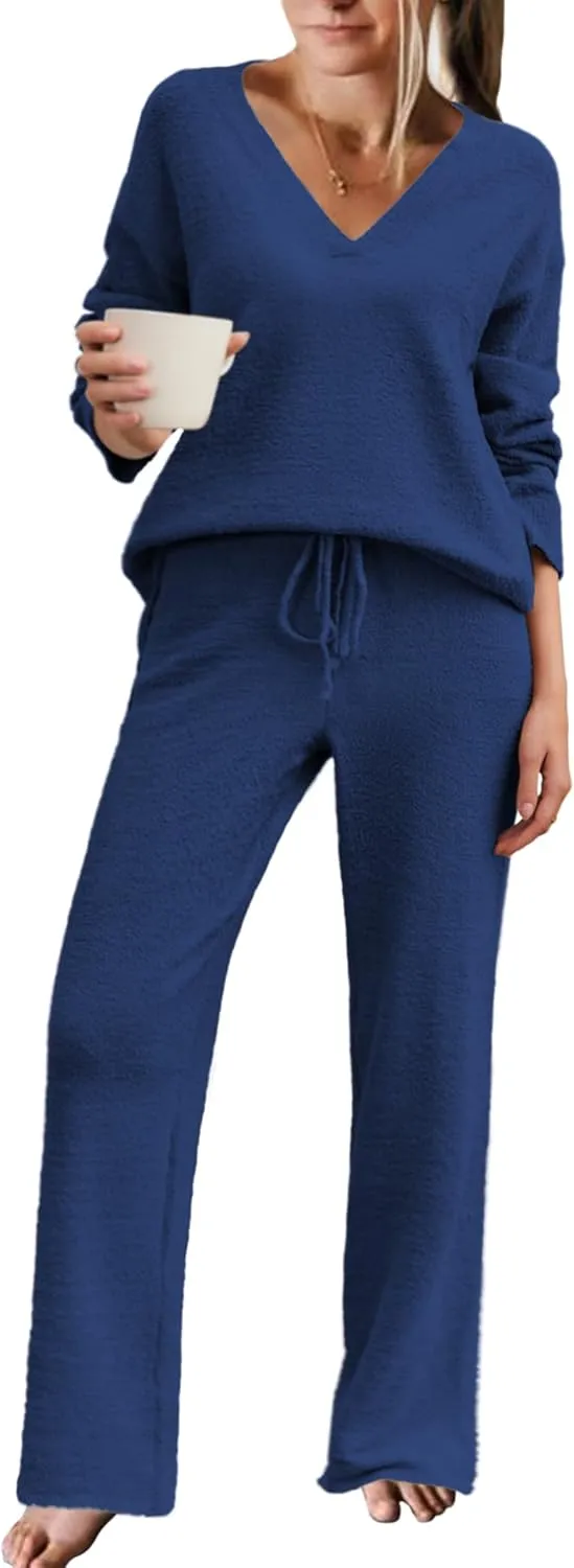 ELESOL Womens Fuzzy Fleece Pajama Sets Long Sleeve Top and Wide Leg Pants Matching Lounge Set Loungewear