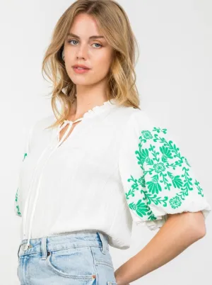 Embroidered Sleeve Textured Top [WH-FTM2634]