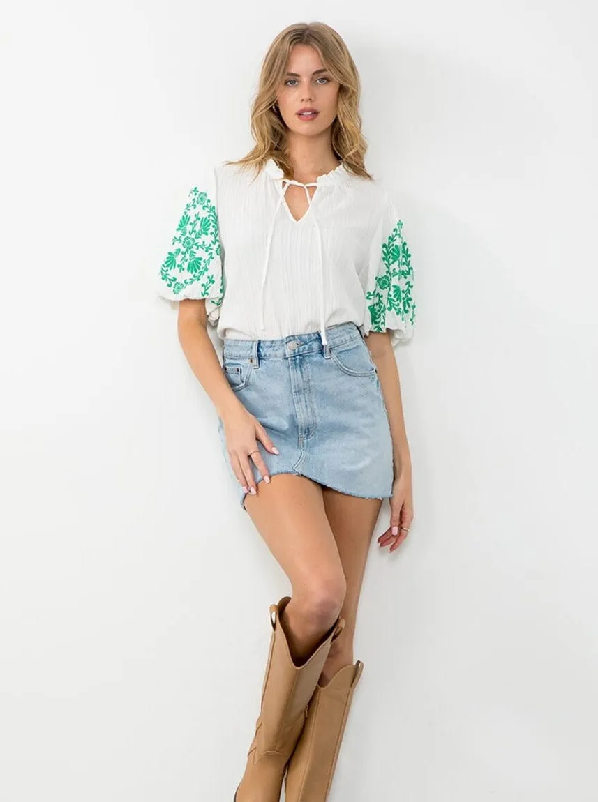 Embroidered Sleeve Textured Top [WH-FTM2634]