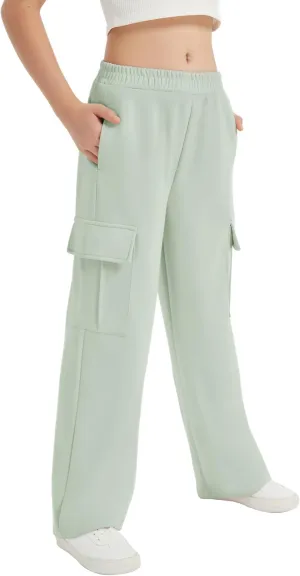 EXARUS Girls Sweatpants with Cargo Pockets Elastic Waistband Wide Leg Causal Kids High Waisted Pants 6-14Y