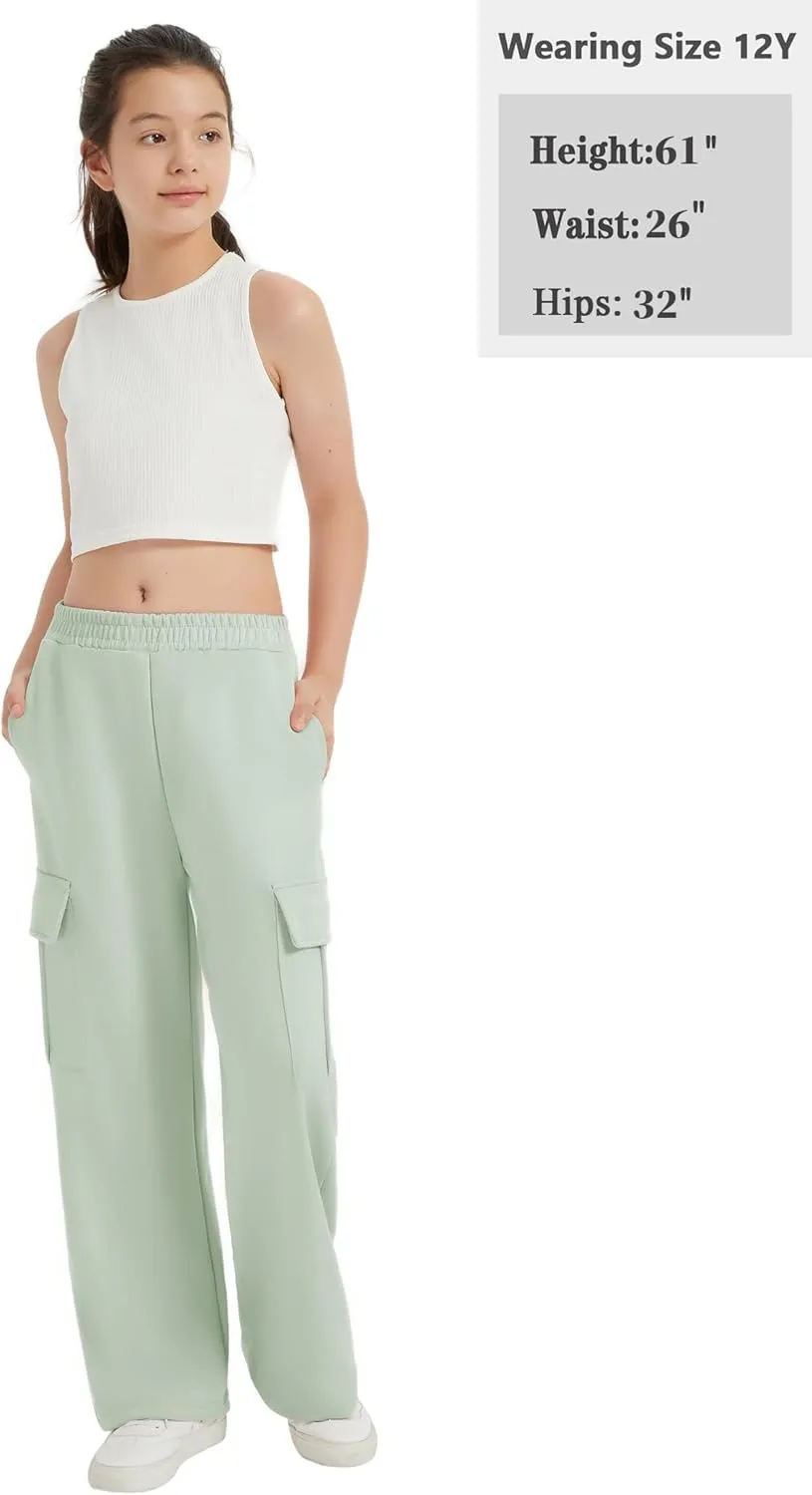 EXARUS Girls Sweatpants with Cargo Pockets Elastic Waistband Wide Leg Causal Kids High Waisted Pants 6-14Y