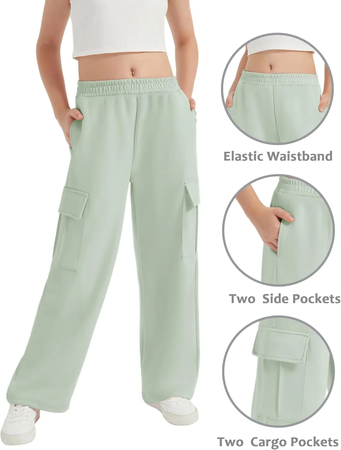 EXARUS Girls Sweatpants with Cargo Pockets Elastic Waistband Wide Leg Causal Kids High Waisted Pants 6-14Y