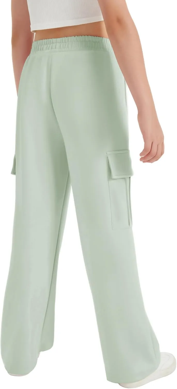 EXARUS Girls Sweatpants with Cargo Pockets Elastic Waistband Wide Leg Causal Kids High Waisted Pants 6-14Y