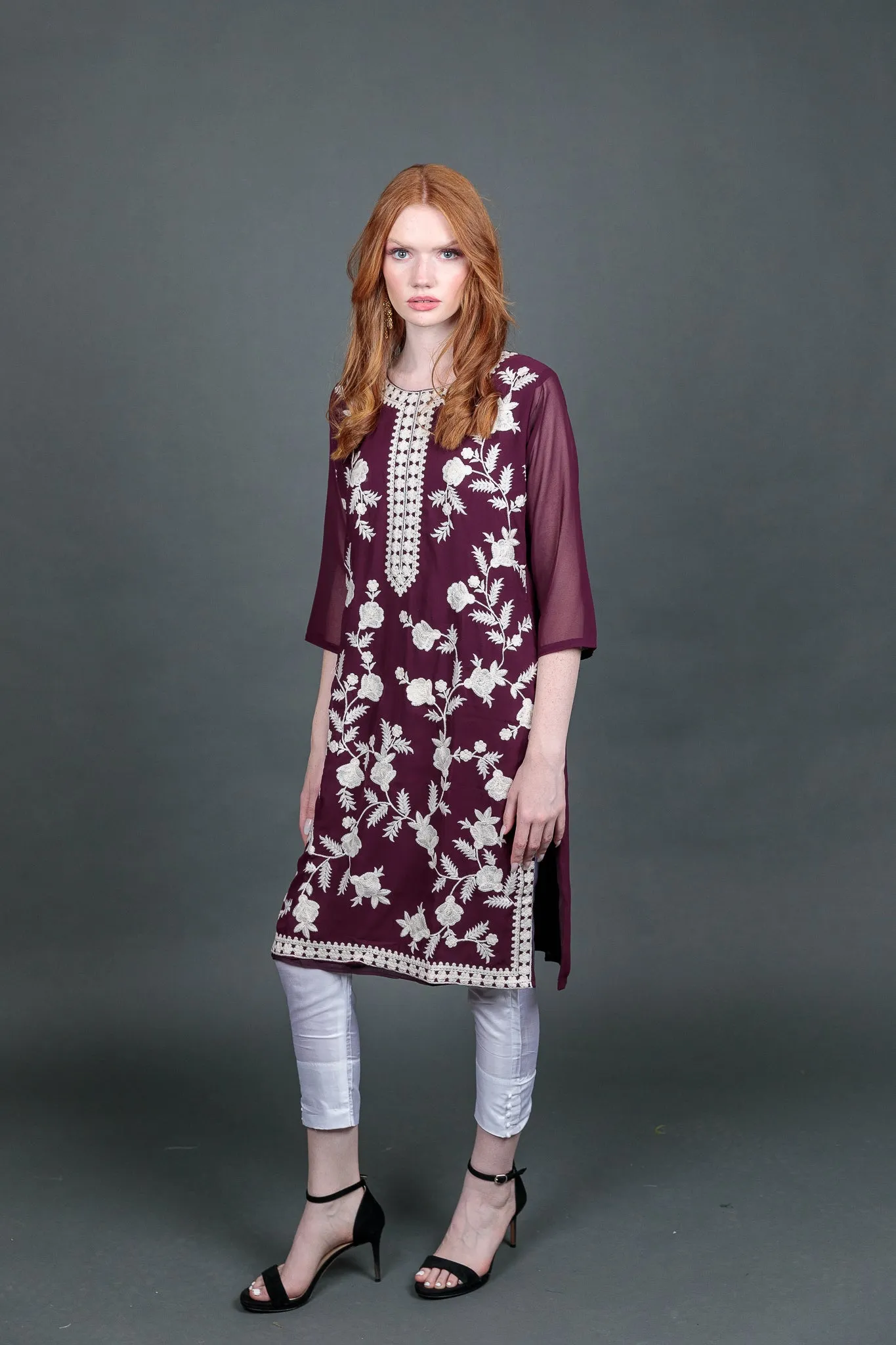 Fancy Embroidered Georgette Plum Purple  With Ankle Pants Suit