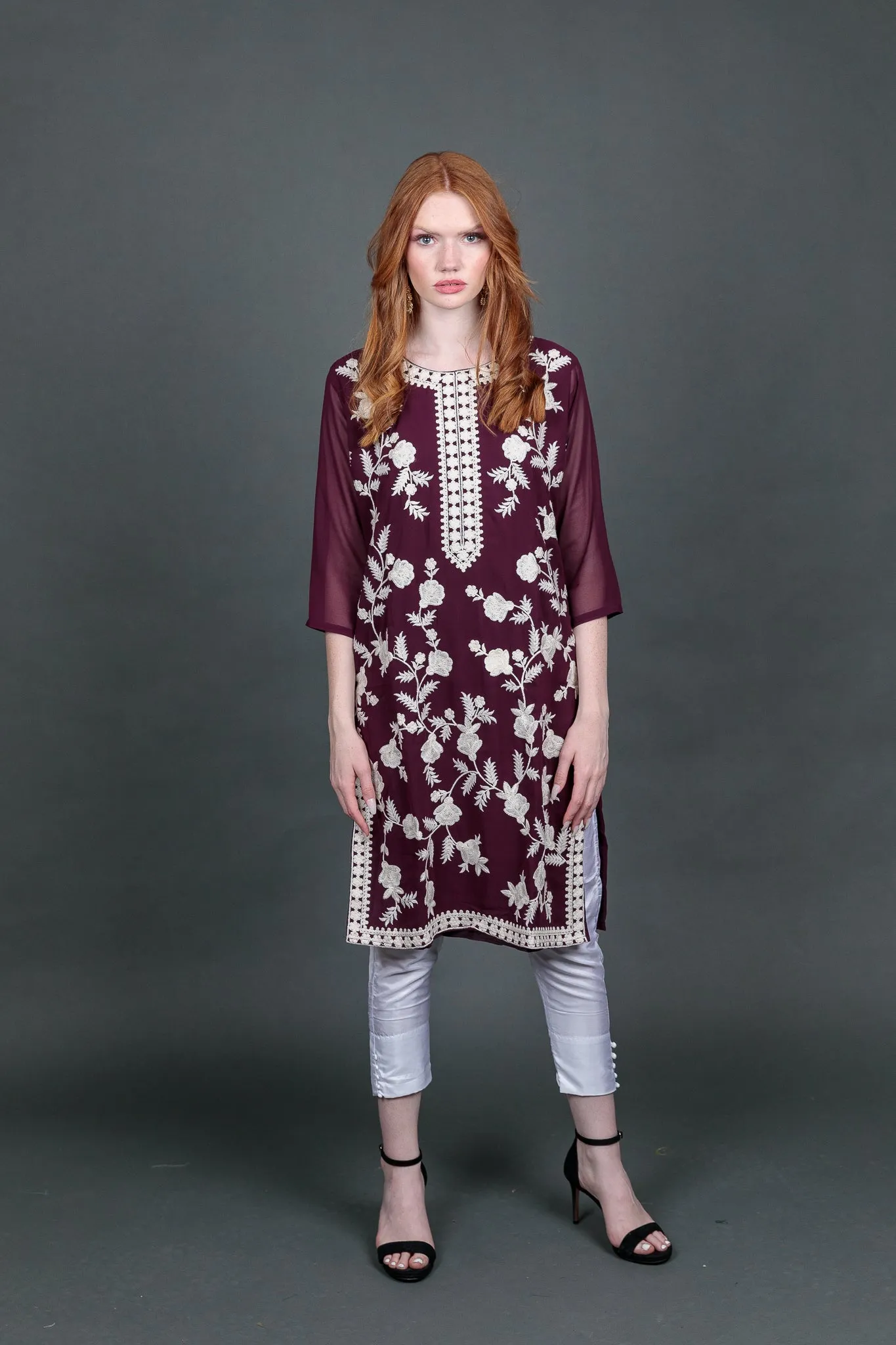 Fancy Embroidered Georgette Plum Purple  With Ankle Pants Suit
