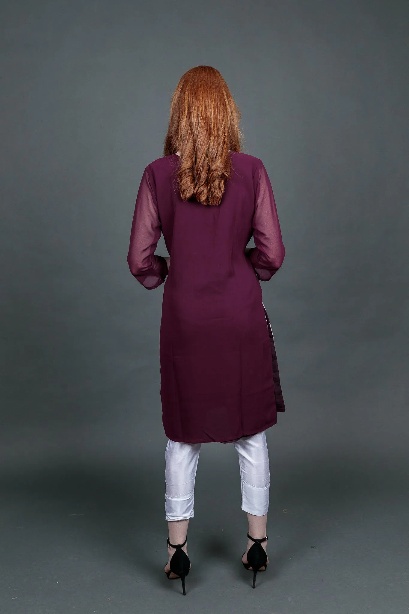 Fancy Embroidered Georgette Plum Purple  With Ankle Pants Suit