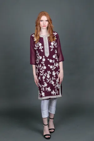 Fancy Embroidered Georgette Plum Purple  With Ankle Pants Suit