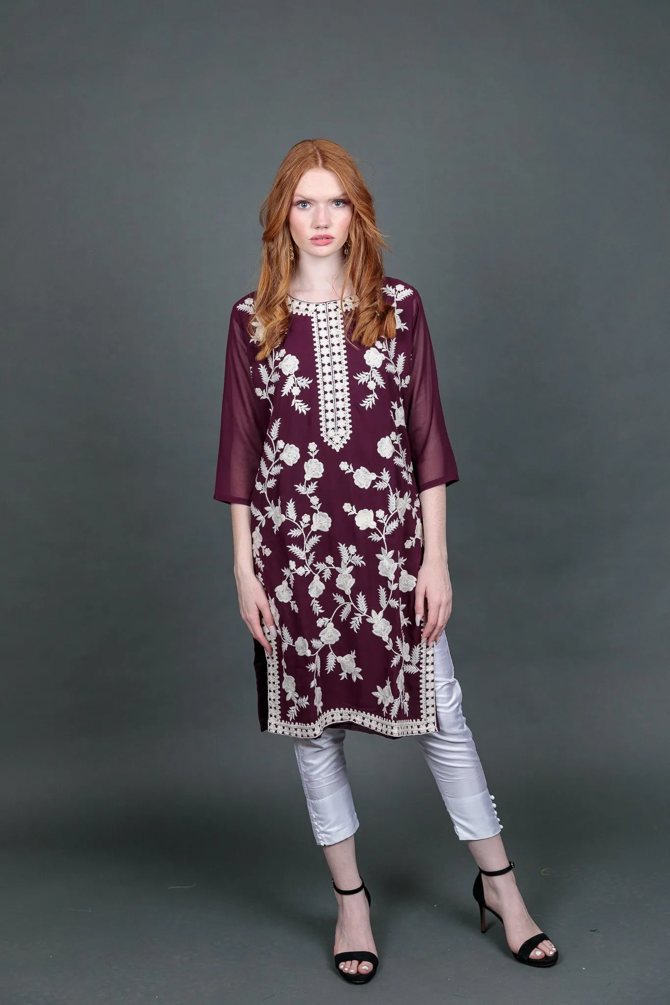 Fancy Embroidered Georgette Plum Purple  With Ankle Pants Suit