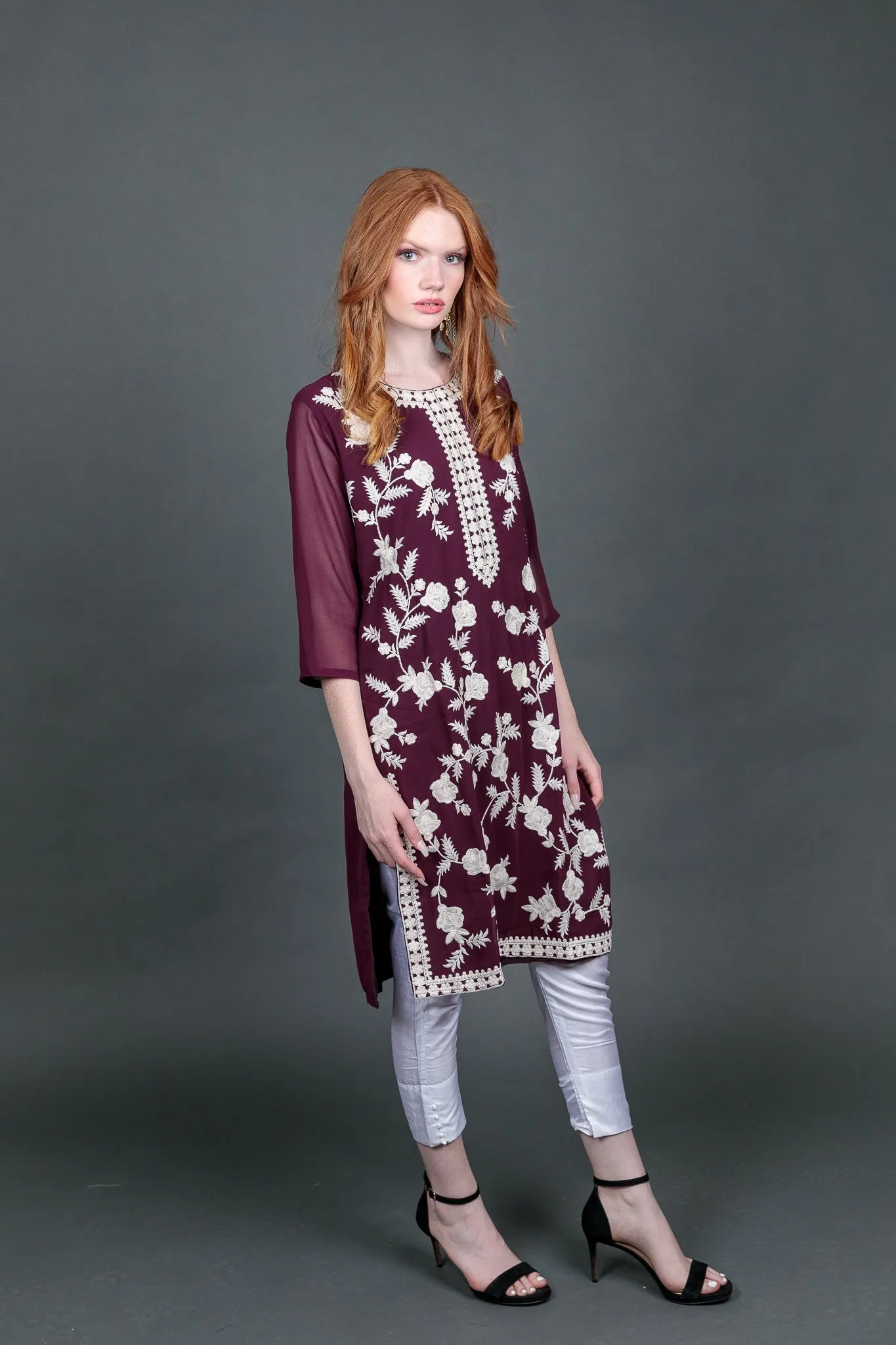 Fancy Embroidered Georgette Plum Purple  With Ankle Pants Suit