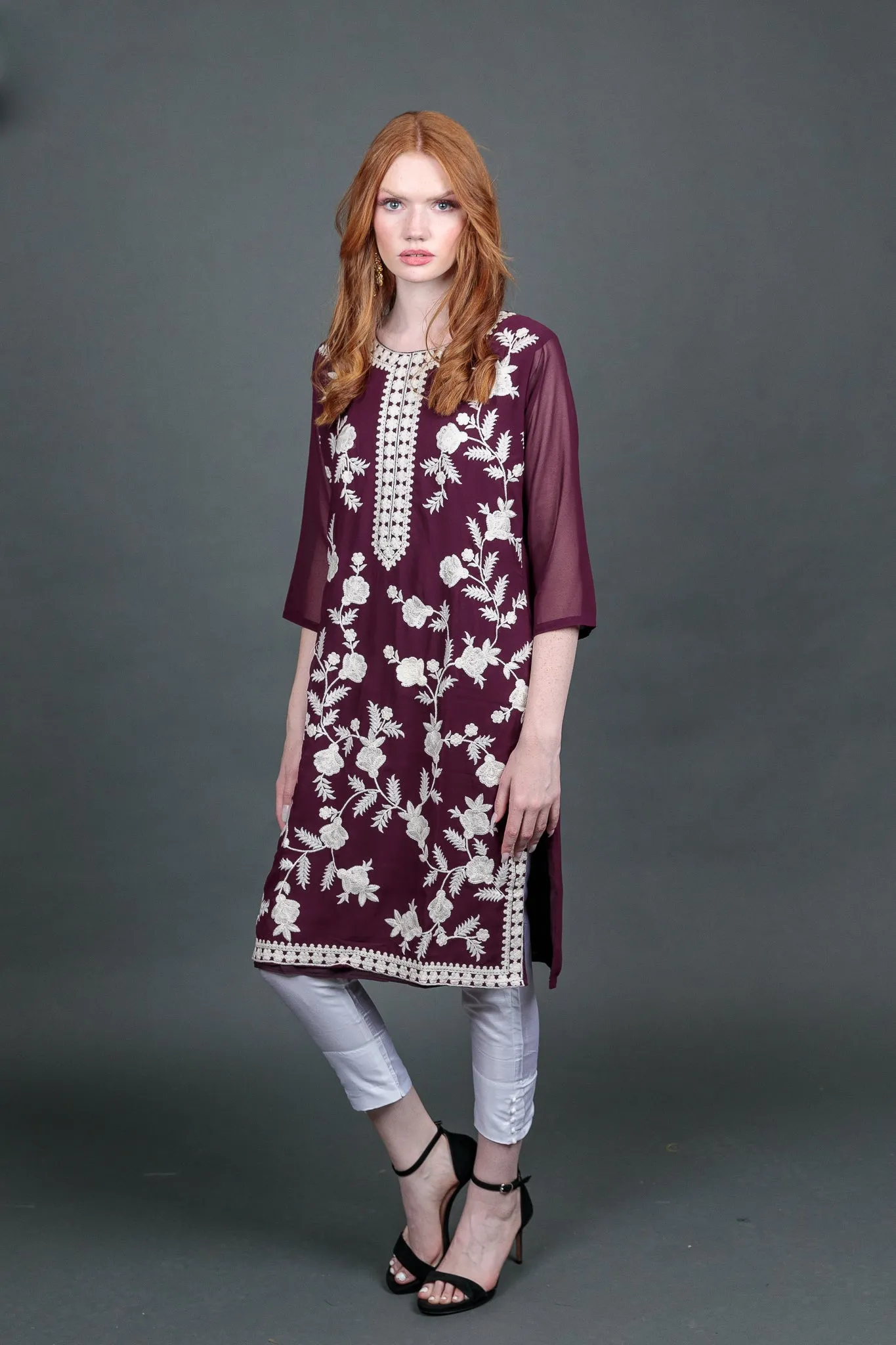 Fancy Embroidered Georgette Plum Purple  With Ankle Pants Suit