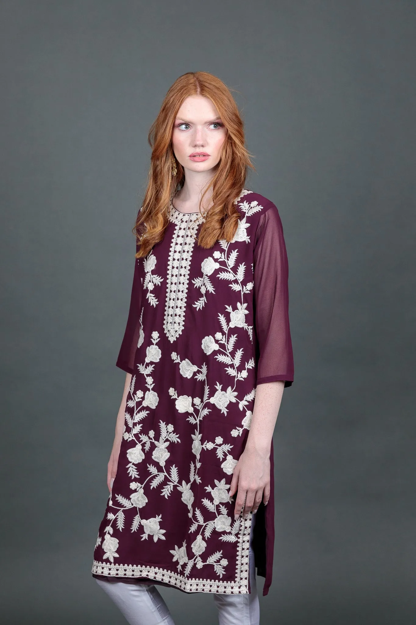 Fancy Embroidered Georgette Plum Purple  With Ankle Pants Suit