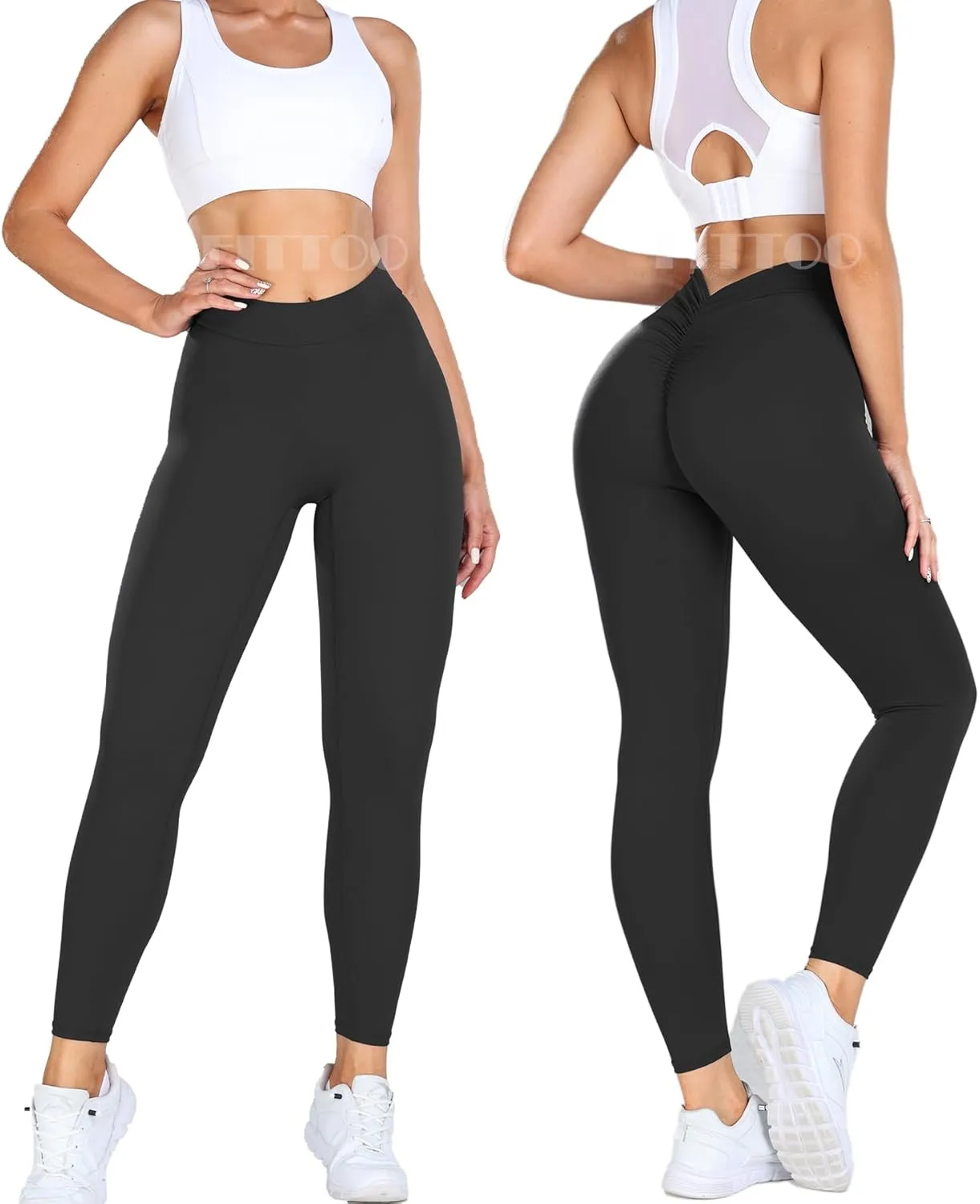 FITTOO V-Back Scrunch Butt Lift Leggings for Women High Waist Tummy Control Booty Gym Workout Yoga Pants