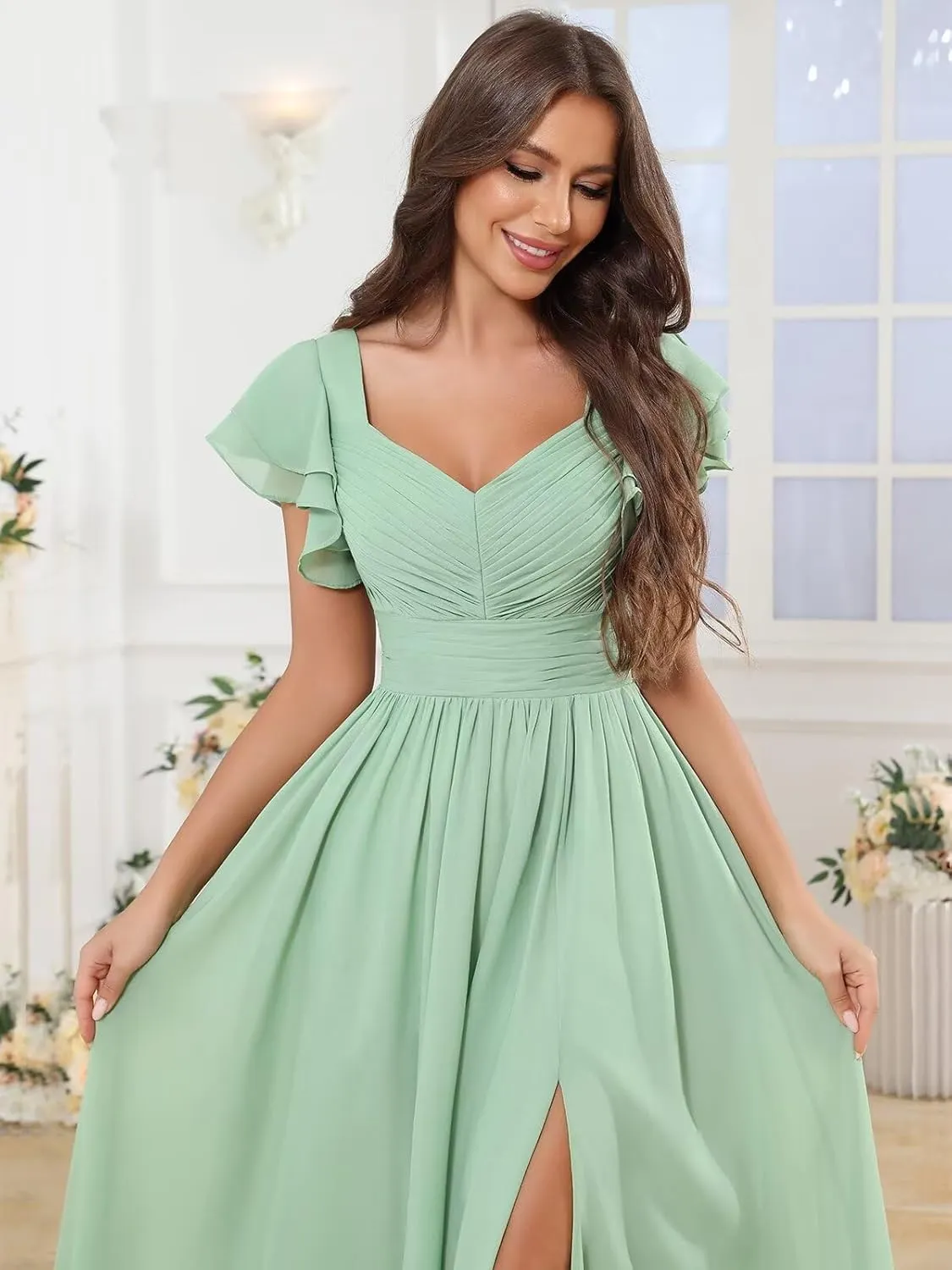 Flutter Sleeve Chiffon Bridesmaid Dresses for Women Ruffle Long Slit Formal Evening Dress with Pockets