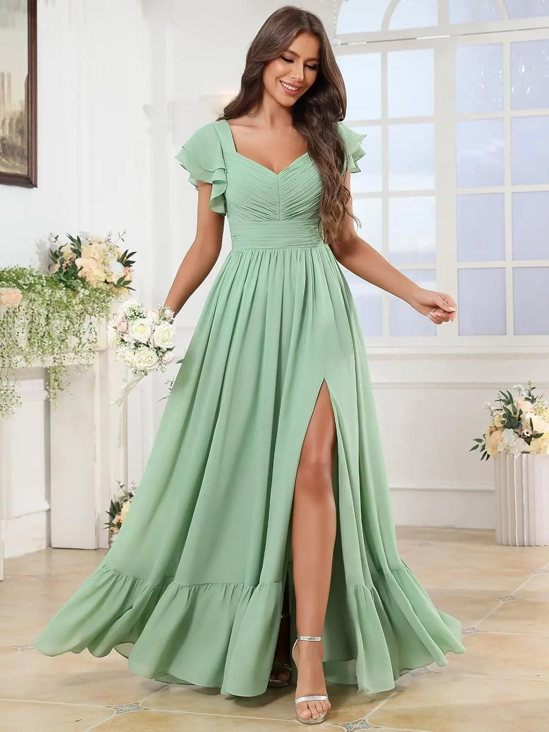 Flutter Sleeve Chiffon Bridesmaid Dresses for Women Ruffle Long Slit Formal Evening Dress with Pockets
