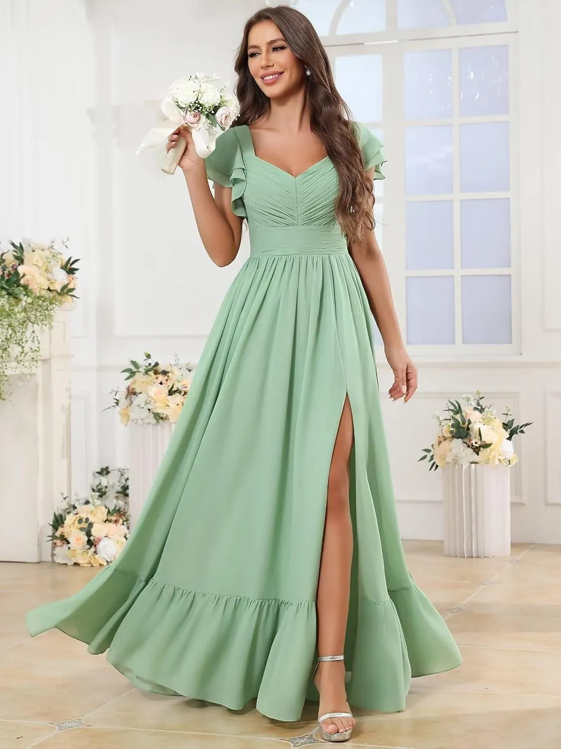 Flutter Sleeve Chiffon Bridesmaid Dresses for Women Ruffle Long Slit Formal Evening Dress with Pockets