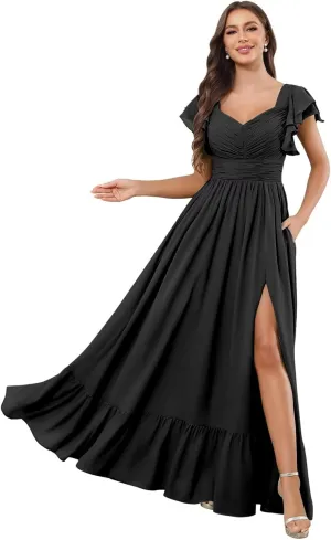 Flutter Sleeve Chiffon Bridesmaid Dresses for Women Ruffle Long Slit Formal Evening Dress with Pockets