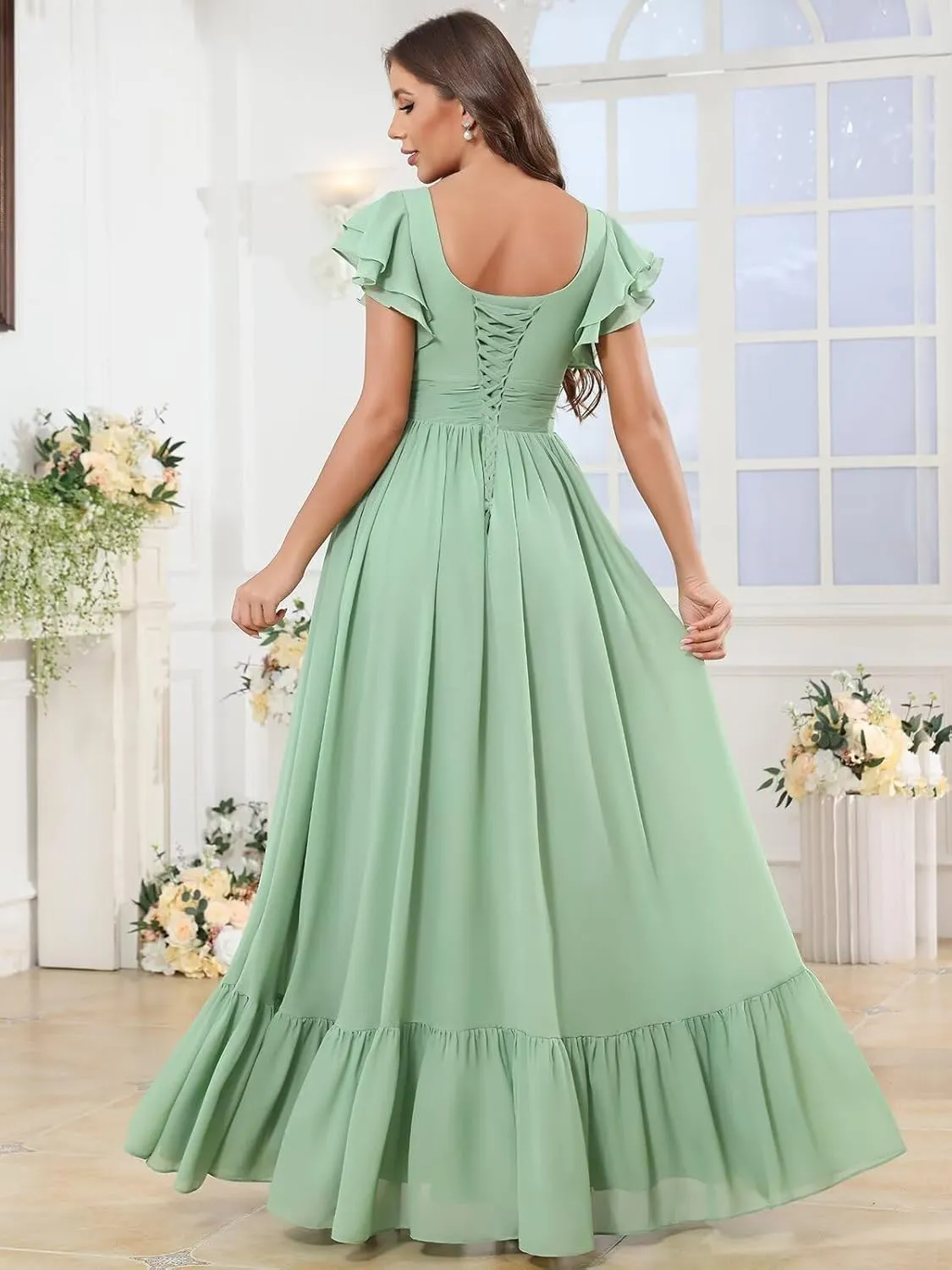 Flutter Sleeve Chiffon Bridesmaid Dresses for Women Ruffle Long Slit Formal Evening Dress with Pockets