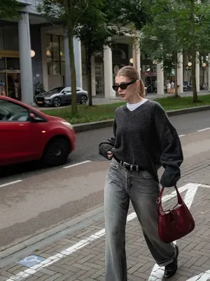 Flytonn-Christmas Thanksgiving Gift New Year's Eve Casual Outfits Autumn Female Versatile V Neck Solid Color Loose Pullover Chic Long Sleeve Casual Knitted Sweater New Streetwear For Woman