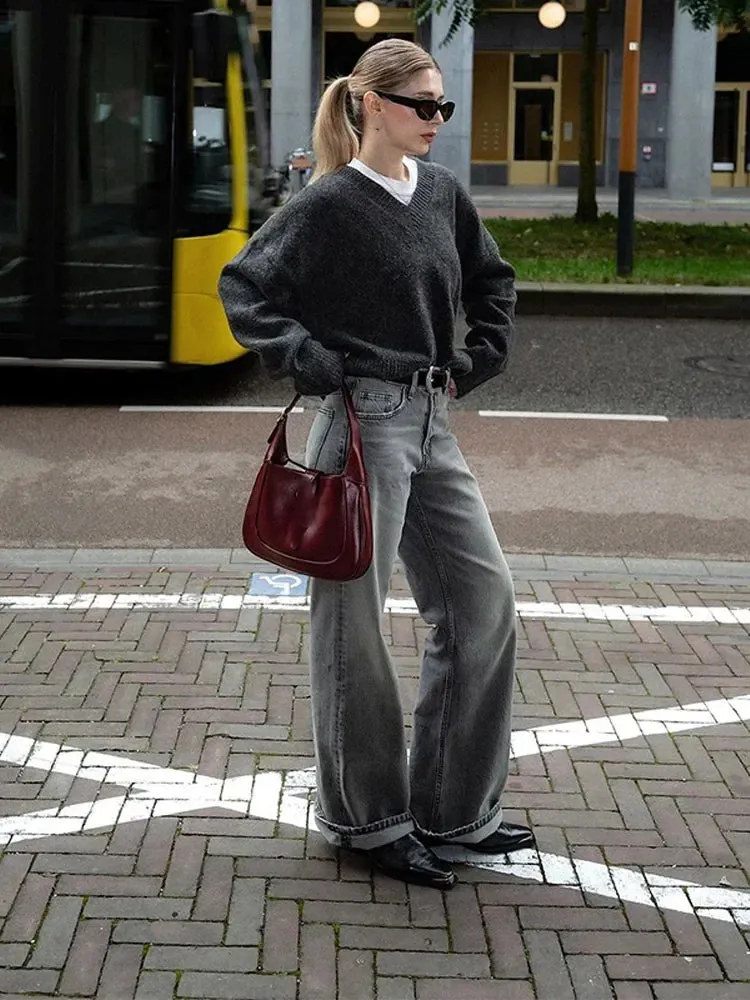 Flytonn-Christmas Thanksgiving Gift New Year's Eve Casual Outfits Autumn Female Versatile V Neck Solid Color Loose Pullover Chic Long Sleeve Casual Knitted Sweater New Streetwear For Woman