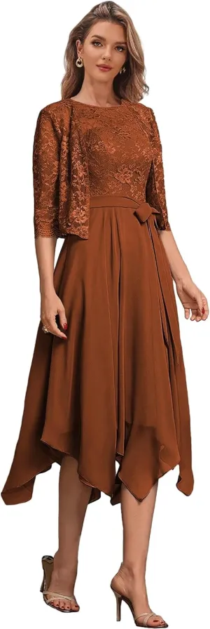 Formal Mother of The Bride Dresses with Jacket Long Sleeve Wedding Party Dress 2 Pcs Burnt Orange Evening Gown Size 12