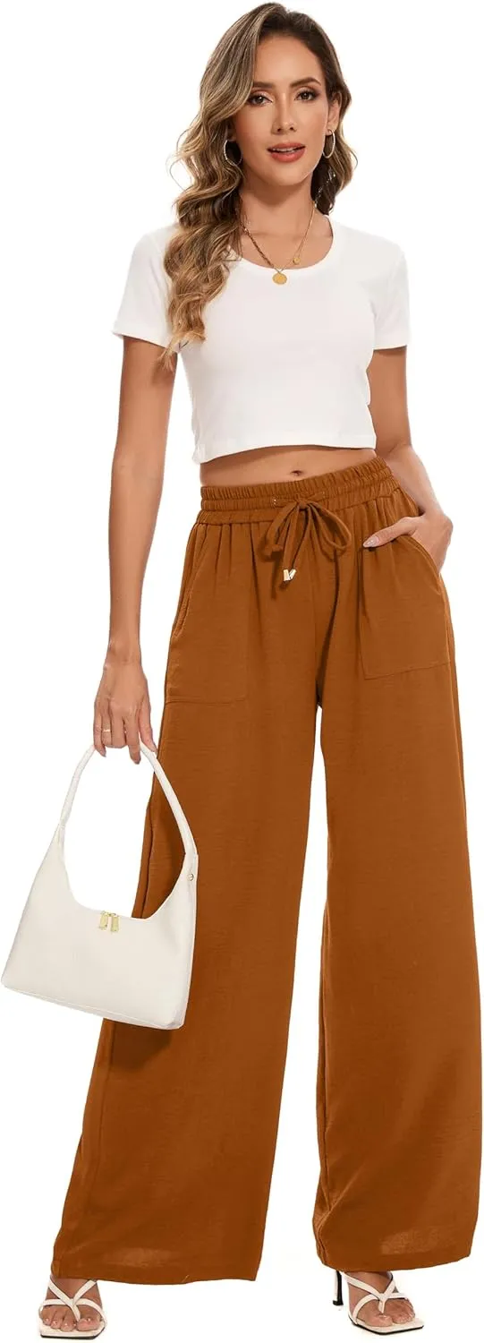 FUNYYZO 2025 Women Palazzo Pants High Waist Casual Wide Leg Long Lounge Pull On Trousers with Pocket